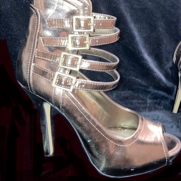 Shiny Copper Strappy Platform Stiletto Heels - Picture 3 of 4